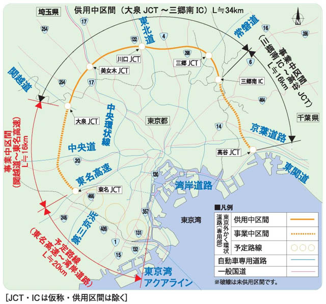 東京区間は「三環状」の中で最も遅い整備区間となる見込み｜東京外郭環状道路全体図